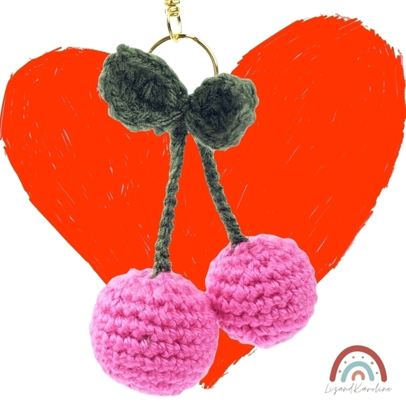 New! Handmade Crochet Pink Cherry Gold Hardware Keychain Bag Charm - Picture 1 of 7